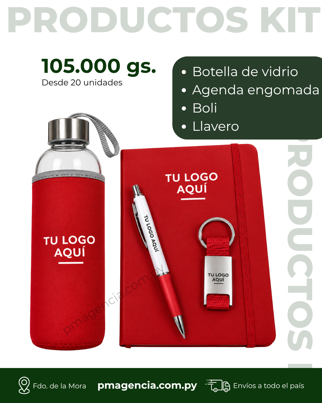 Kit de regalo empresarial con botella de vidrio, agenda engomada, boli y llavero personalizados - Kit 15