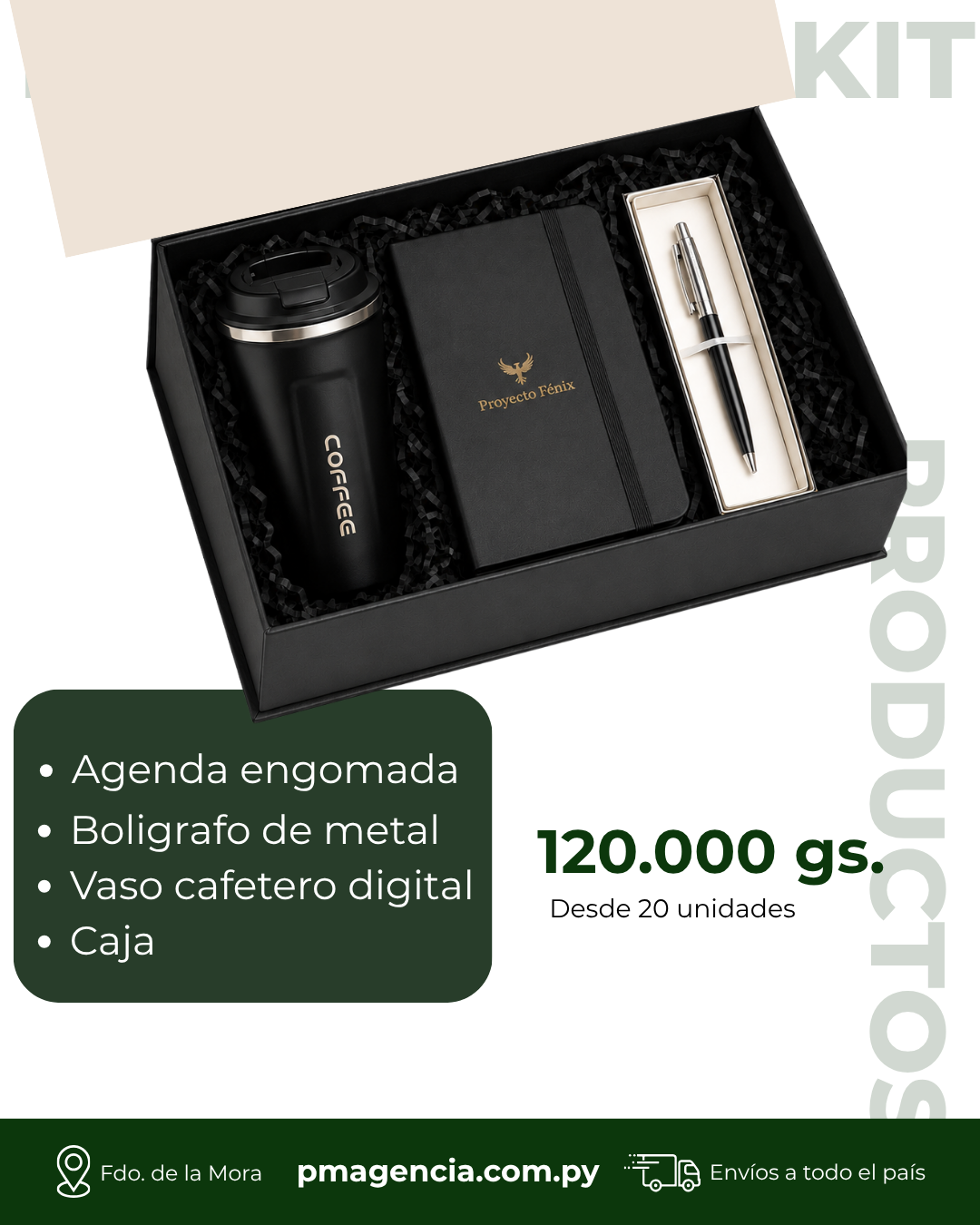 Kit corporativo premium con agenda engomada, bolígrafo de metal y vaso cafetero en caja de regalo - Kit 14