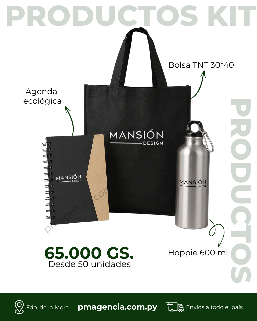 Kit empresa Mansión con anotador, bolsa TNT y botella de aluminio personalizados - Kit 19