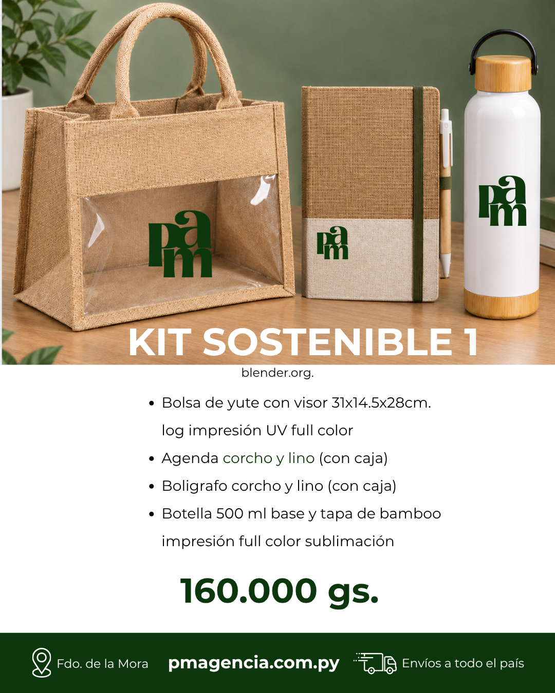 Kit sostenible 1 ecológico: bolsa de yute con visor, agenda de corcho y botella, kit eco friendly para empresas - Kit 24