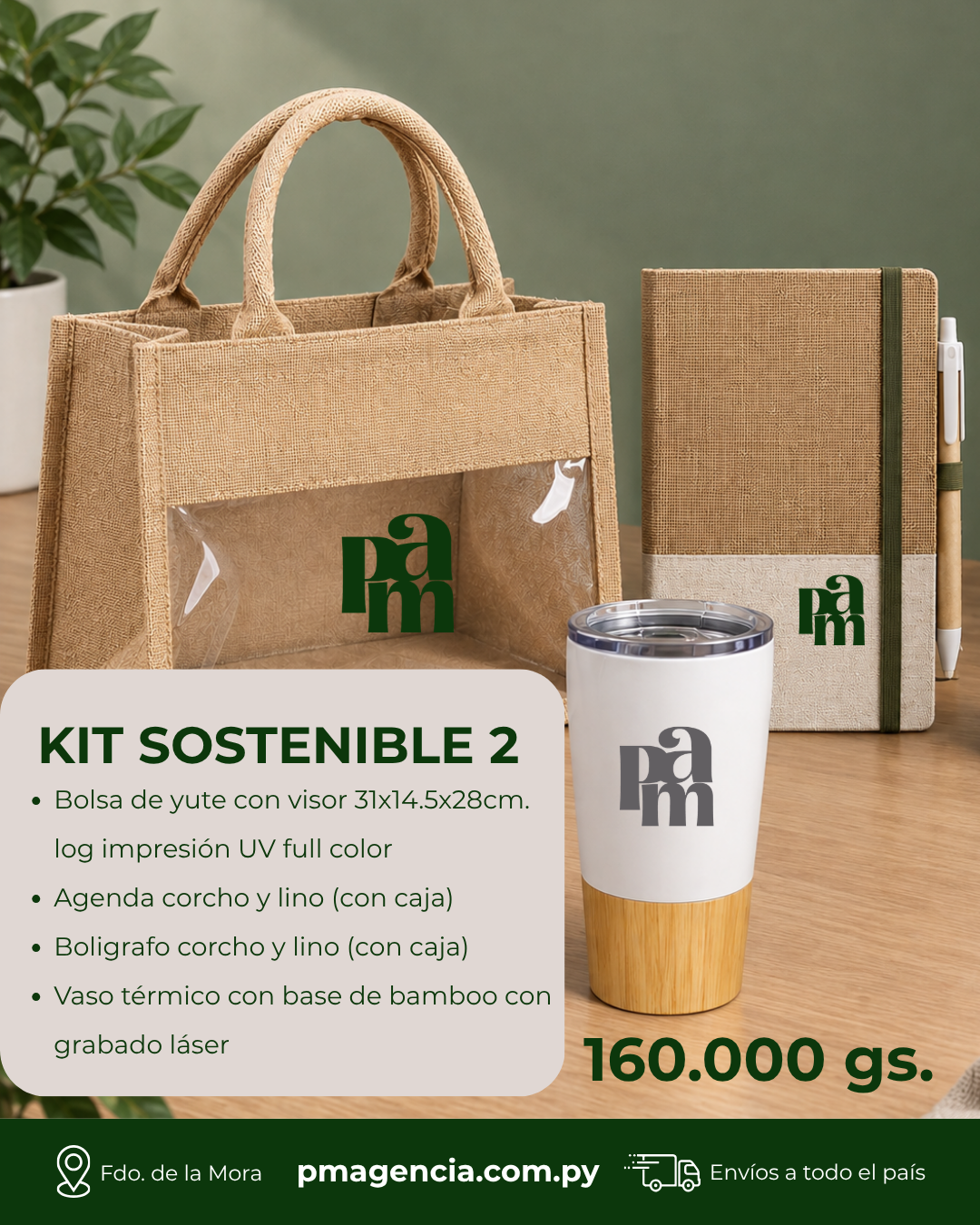 Kit sostenible 2 ecológico: bolsa de yute con visor, agenda de corcho y lino, bolígrafo ecológico y vaso térmico con base de bambú - Kit 23